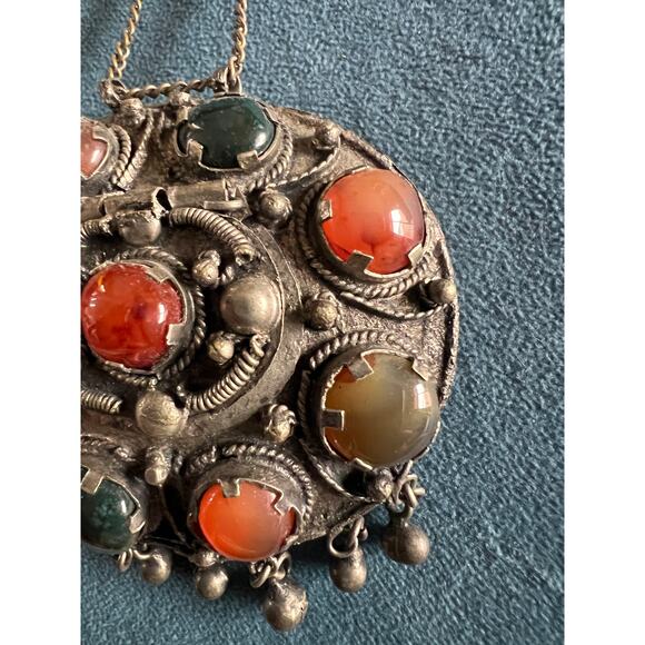 Tibetan Silver Amulet Necklace 27” – Carnelian Agate Bloodstone Locket Pendant - Picture 6 of 11